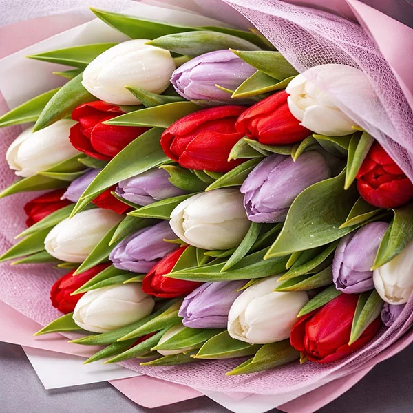 Весна на ладонях - букет из разноцветных тюльпанов
