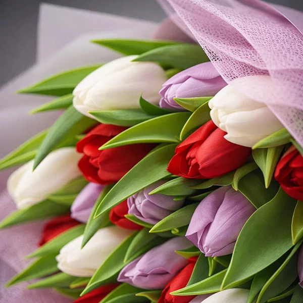 Весна на ладонях - букет из разноцветных тюльпанов